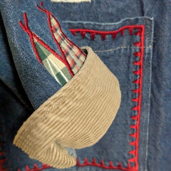 🛶Vintage Teddi Denim Jean Jacket Corduroy Trim Embroidered Canoe Camping Theme - Picture 9 of 12